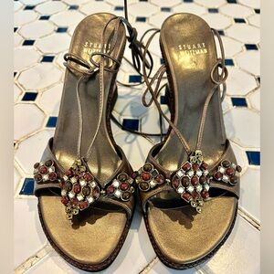 EUC SZ6 StuartWeitzman Lace up Rhinestone Bronze Wedges